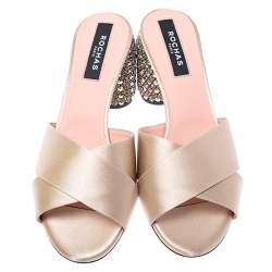 Rochas Gold Criss Cross Satin Heel Embellished Sandals Size 40