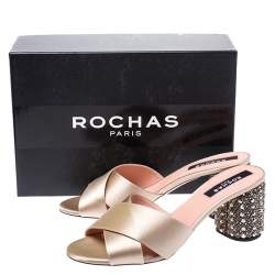 Rochas Gold Criss Cross Satin Heel Embellished Sandals Size 40