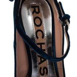 Pre Owned Rochas Navy Blue Velvet Bow Ankle Strap Pointed Toe Pumps Size 36