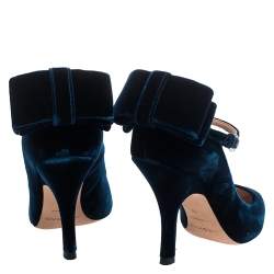 Pre Owned Rochas Navy Blue Velvet Bow Ankle Strap Pointed Toe Pumps Size 36