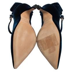 Pre Owned Rochas Navy Blue Velvet Bow Ankle Strap Pointed Toe Pumps Size 36