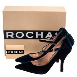 Pre Owned Rochas Navy Blue Velvet Bow Ankle Strap Pointed Toe Pumps Size 36