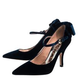 Pre Owned Rochas Navy Blue Velvet Bow Ankle Strap Pointed Toe Pumps Size 36