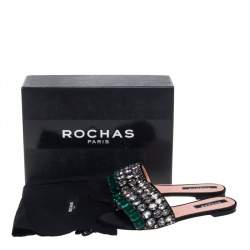 Rochas Black Satin Jewel Embellished Flat Slide Sandals Size 39