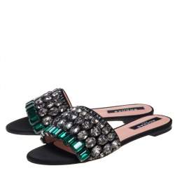 Rochas Black Satin Jewel Embellished Flat Slide Sandals Size 39
