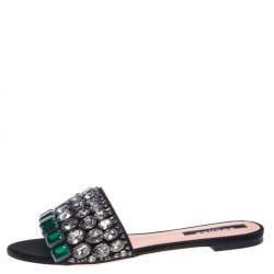 Rochas Black Satin Jewel Embellished Flat Slide Sandals Size 39