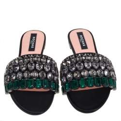 Rochas Black Satin Jewel Embellished Flat Slide Sandals Size 39