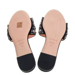 Rochas Black Satin Jewel Embellished Flat Slide Sandals Size 39