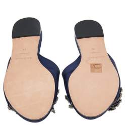 Pre Owned Rochas Navy Blue Satin Crystal Embellished Bow Slide Flats Size 38