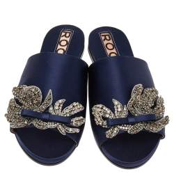 Pre Owned Rochas Navy Blue Satin Crystal Embellished Bow Slide Flats Size 38