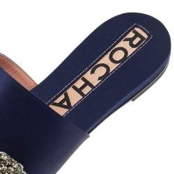 Pre Owned Rochas Navy Blue Satin Crystal Embellished Bow Slide Flats Size 38