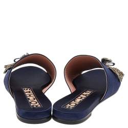 Pre Owned Rochas Navy Blue Satin Crystal Embellished Bow Slide Flats Size 38