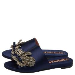 Pre Owned Rochas Navy Blue Satin Crystal Embellished Bow Slide Flats Size 38