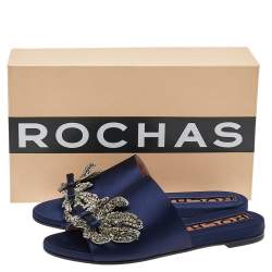 Pre Owned Rochas Navy Blue Satin Crystal Embellished Bow Slide Flats Size 38