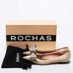 Rochas Gold Satin Crystal Bow Ballet Flats Size 38