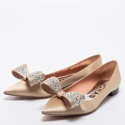 Rochas Gold Satin Crystal Bow Ballet Flats Size 38