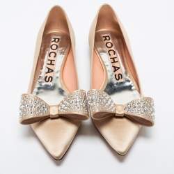Rochas Gold Satin Crystal Bow Ballet Flats Size 38