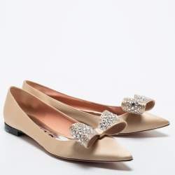 Rochas Gold Satin Crystal Bow Ballet Flats Size 38