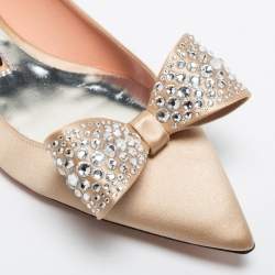 Rochas Gold Satin Crystal Bow Ballet Flats Size 38