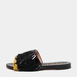 Rochas Black Fringe Embellished Suede Flat Slides Size 38