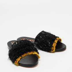 Rochas Black Fringe Embellished Suede Flat Slides Size 38