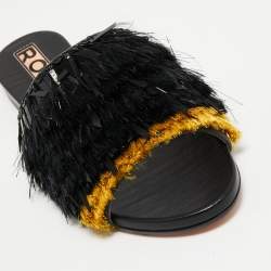Rochas Black Fringe Embellished Suede Flat Slides Size 38