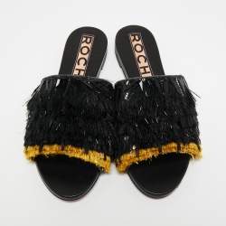 Rochas Black Fringe Embellished Suede Flat Slides Size 38
