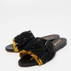 Rochas Black Fringe Embellished Suede Flat Slides Size 38