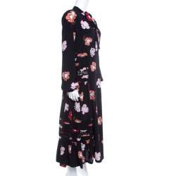 Rochas Black Floral Printed Silk Lace Trim Pintuck Detail Midi Dress M