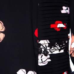 Rochas Black Floral Printed Silk Lace Trim Pintuck Detail Midi Dress M