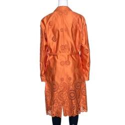 Pre Owned Rochas Orange San Gallo Eyelet Embroidered Duchesse Satin Belted Overcoat L