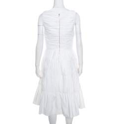 Rochas White Ruched Cotton Square Neck Paneled A Line Dress L 