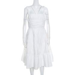 Rochas White Ruched Cotton Square Neck Paneled A Line Dress L 