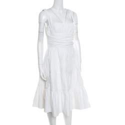 Rochas White Ruched Cotton Square Neck Paneled A Line Dress L 