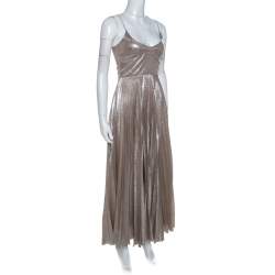 Pre Owned Rochas Silver Woven Silk Blend Sleeveless Pleated Dress M