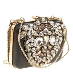 Rochas Black Leather Crystal Embellished Clutch