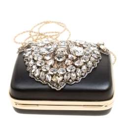 Rochas Black Leather Crystal Embellished Clutch