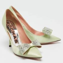 Rochas Light Green Satin Crystal Embellished Bow Pumps Size 37