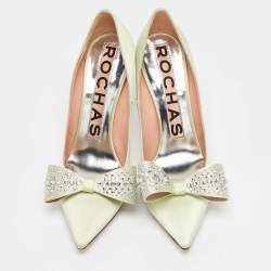 Rochas Light Green Satin Crystal Embellished Bow Pumps Size 37