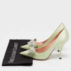 Rochas Light Green Satin Crystal Embellished Bow Pumps Size 37