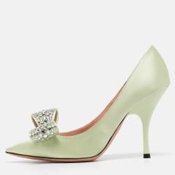 Rochas Light Green Satin Crystal Embellished Bow Pumps Size 37