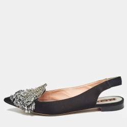 Rochas Black Satin Crystal Embellished Flat Slingback Sandals Size 36