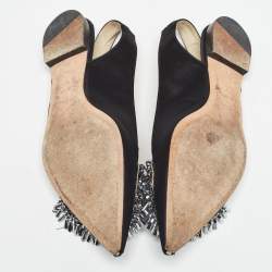 Rochas Black Satin Crystal Embellished Flat Slingback Sandals Size 36
