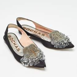 Rochas Black Satin Crystal Embellished Flat Slingback Sandals Size 36