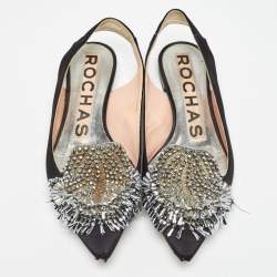 Rochas Black Satin Crystal Embellished Flat Slingback Sandals Size 36