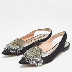 Rochas Black Satin Crystal Embellished Flat Slingback Sandals Size 36