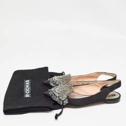 Rochas Black Satin Crystal Embellished Flat Slingback Sandals Size 36