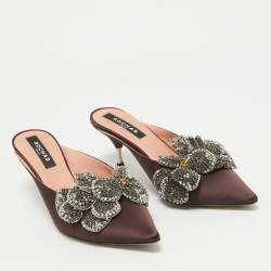 Rochas Burgundy Satin Crystal Embellished Mules Size 38