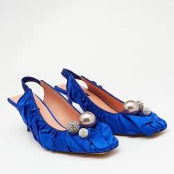Rochas Blue Satin Crystal Embellished Slingback Pumps Size 40