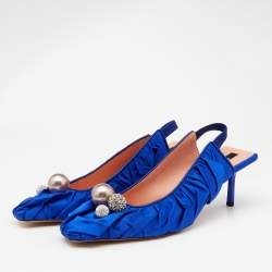 Rochas Blue Satin Crystal Embellished Slingback Pumps Size 40